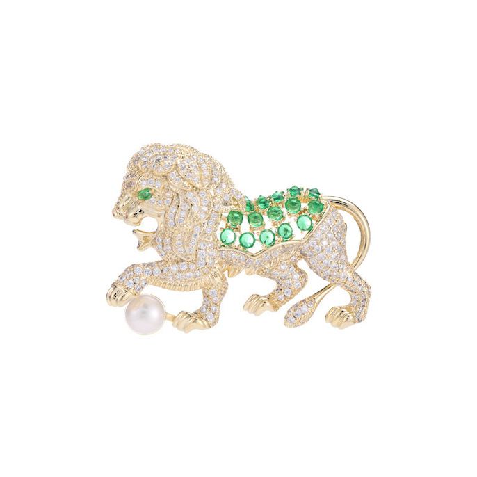 Brass Fashion Jewelry CZ Pearls Lion Brooch