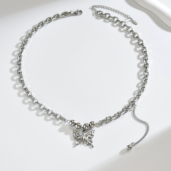 Oval Stainless Steel Links Butterfly Pendant Necklace - Image 2