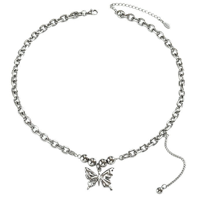Oval Stainless Steel Links Butterfly Pendant Necklace