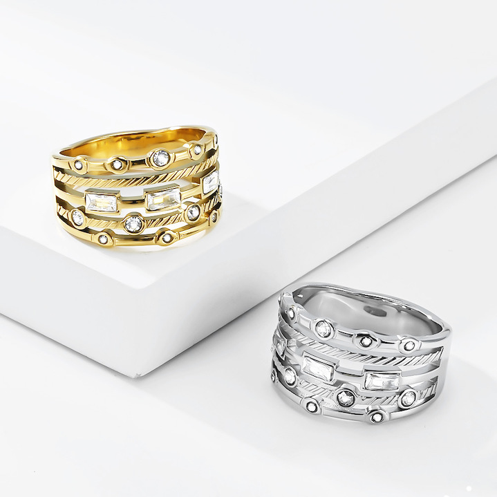 Ladies' Stainless Steel CZ Geometric Stripes Ring - Image 3
