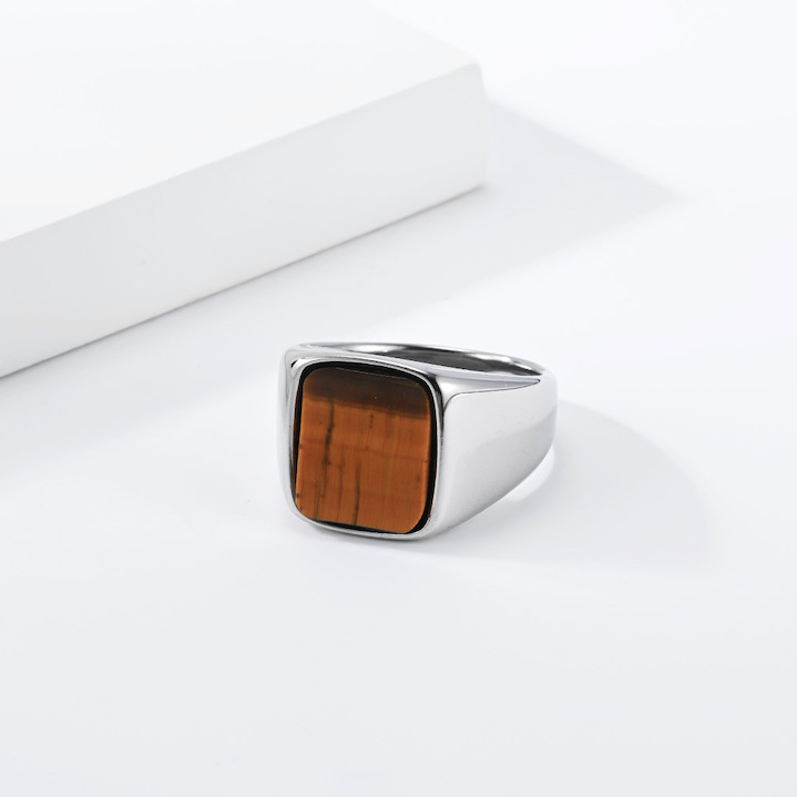 Unisex Stainless Steel Brown Black Stone Ring - Image 2