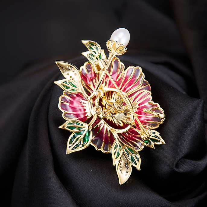 Brass Jewelry CZ Enamel Peony Flower Brooch - Image 4