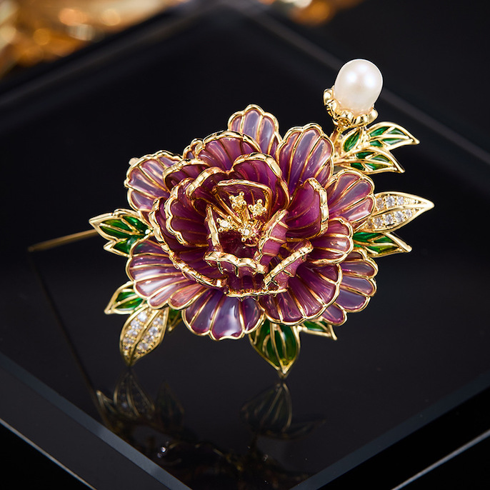 Brass Jewelry CZ Enamel Peony Flower Brooch - Image 3