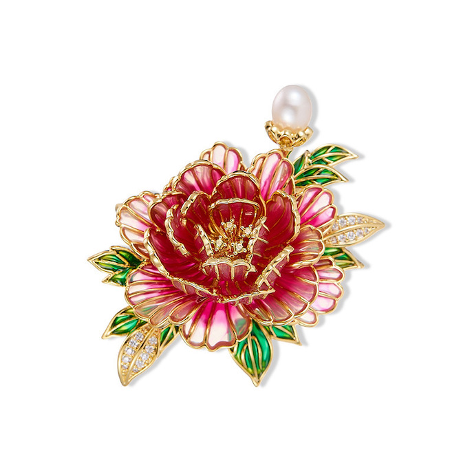 Brass Jewelry CZ Enamel Peony Flower Brooch