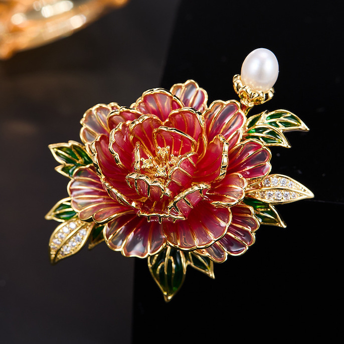 Brass Jewelry CZ Enamel Peony Flower Brooch - Image 2