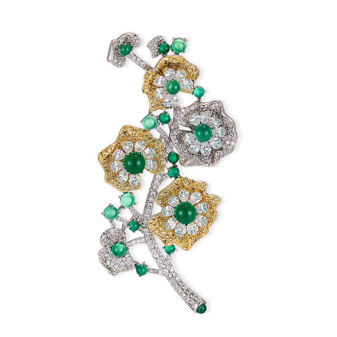 80x38mm Brass Jewelry CZ Emeralds Flowers Brooch