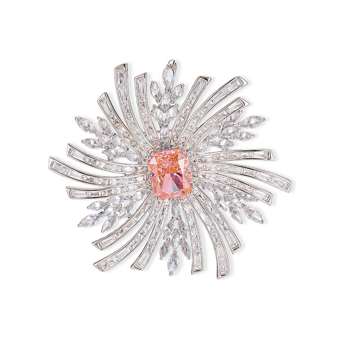 Brass Jewelry Pink Colored CZ Leaf Fireworks Brooch