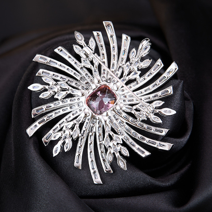 Brass Jewelry Pink Colored CZ Leaf Fireworks Brooch - Image 2