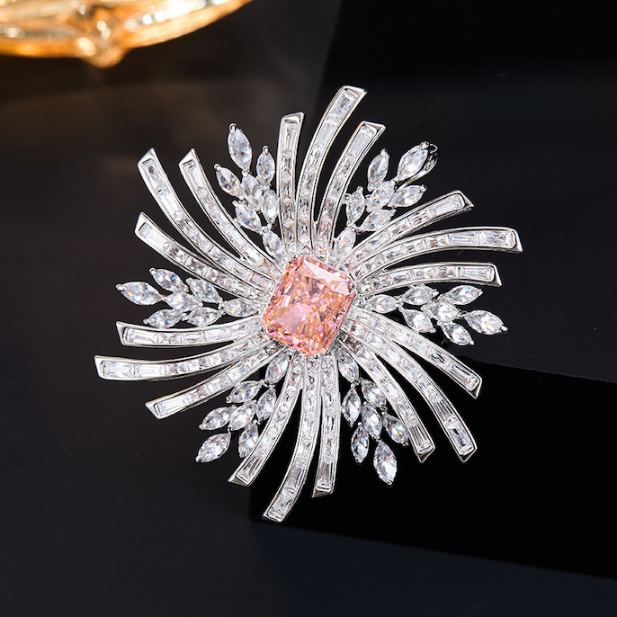 Brass Jewelry Pink Colored CZ Leaf Fireworks Brooch - Image 3