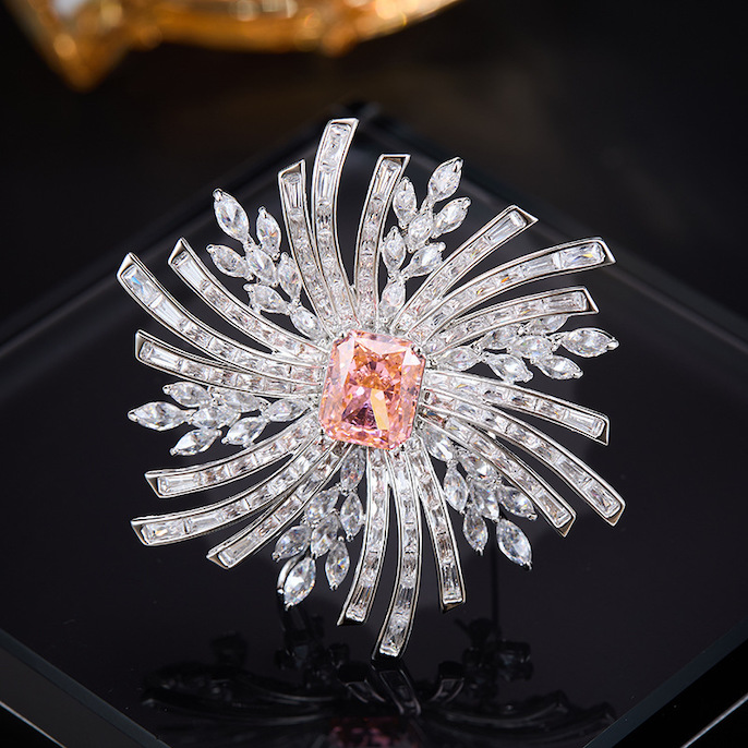 Brass Jewelry Pink Colored CZ Leaf Fireworks Brooch - Image 4