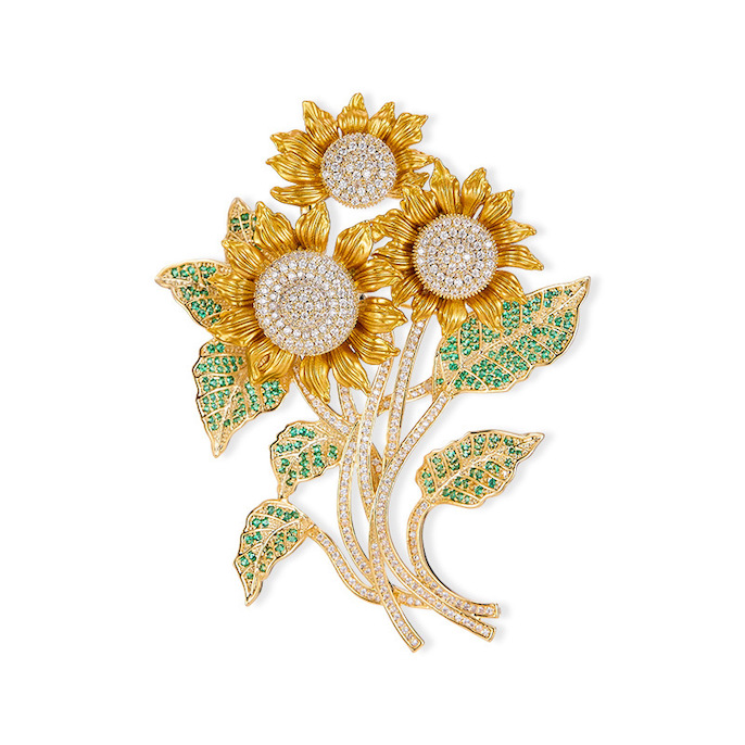 Brass Jewelry CZ Leaf Daisy Flowers Brooch