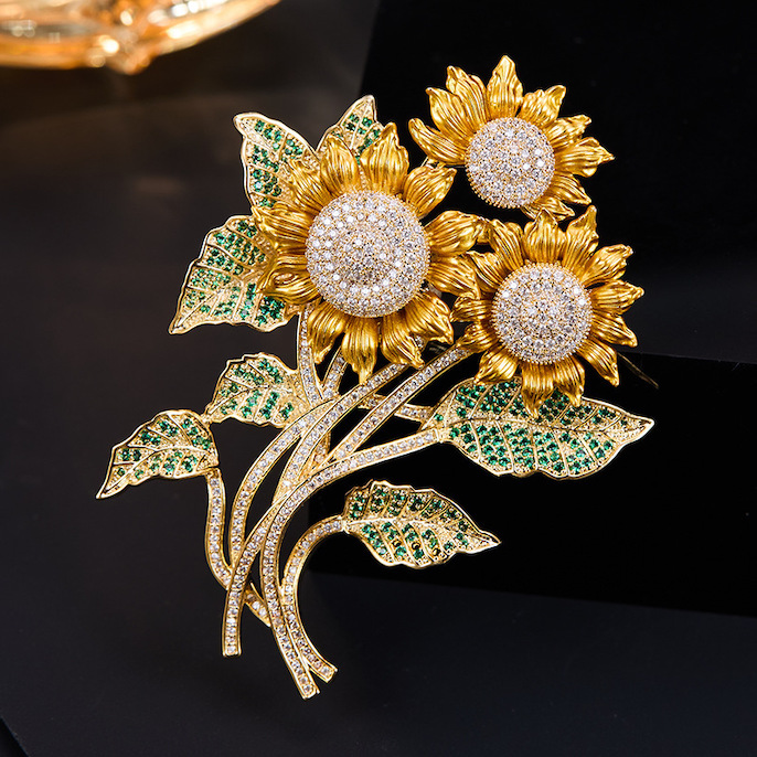 Brass Jewelry CZ Leaf Daisy Flowers Brooch - Image 3