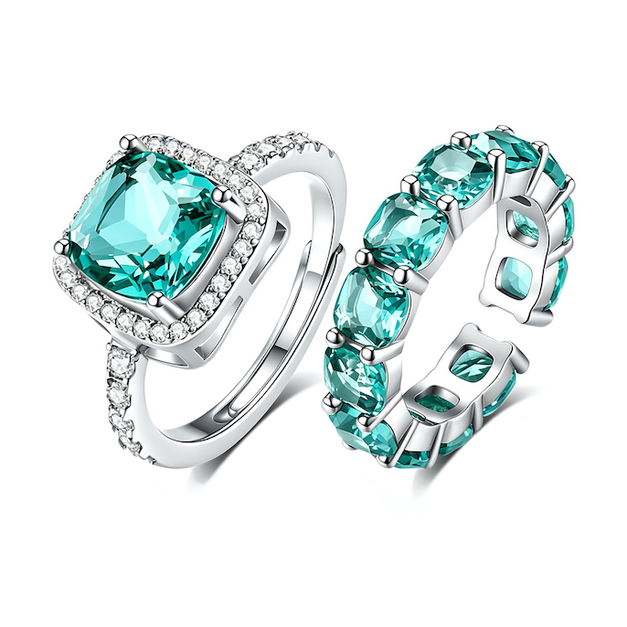 2pcs Women's Brass Green CZ Stone Ring Set