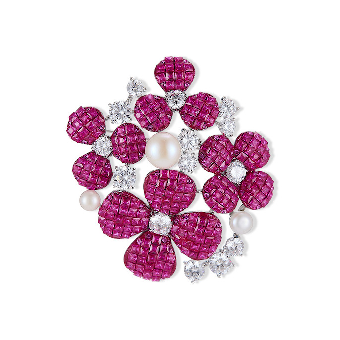 56x44mm Brass Jewelry CZ Pearls Flower Brooch