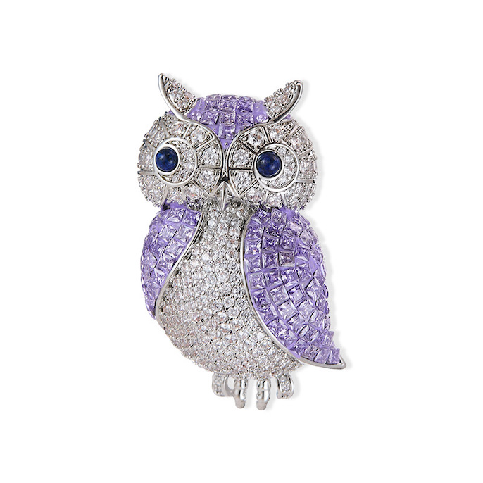 46x24mm Brass Jewelry Purple CZ Owl Brooch