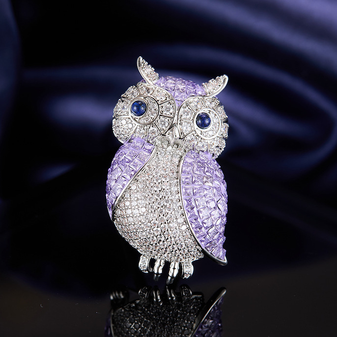 46x24mm Brass Jewelry Purple CZ Owl Brooch - Image 3
