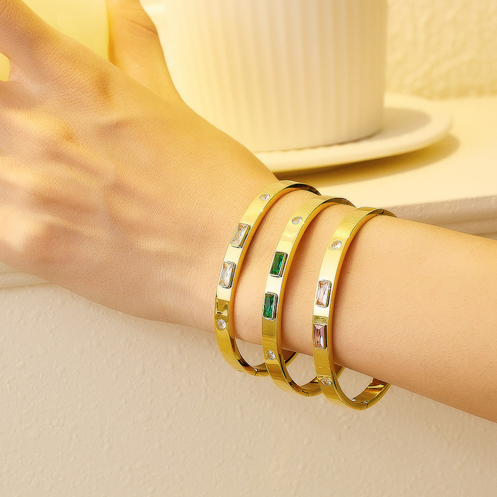 6mm Stainless Steel Geometric Stones Hinged Bracelet - Image 4