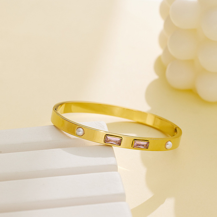 6mm Stainless Steel Geometric Stones Hinged Bracelet - Image 3