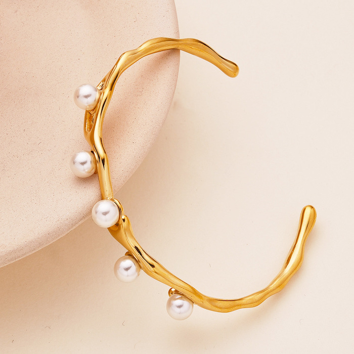 Wholesales Stainless Steel White Pearls Wave Cuff Bracelet - Image 4