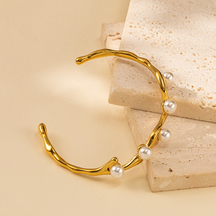 Wholesales Stainless Steel White Pearls Wave Cuff Bracelet - Image 2