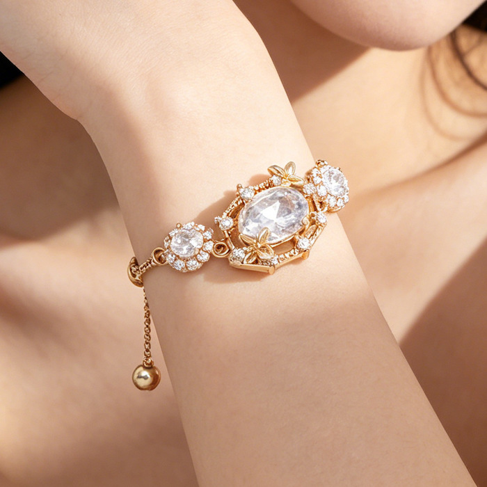 Women's Jewelry Brass Oval Stone Flower Charm Bracelet - Image 4