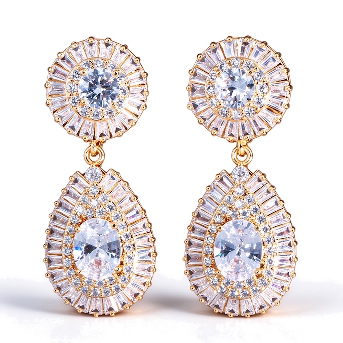 Factory Jewelry Brass CZ Flower Teardrop Stud Earrings