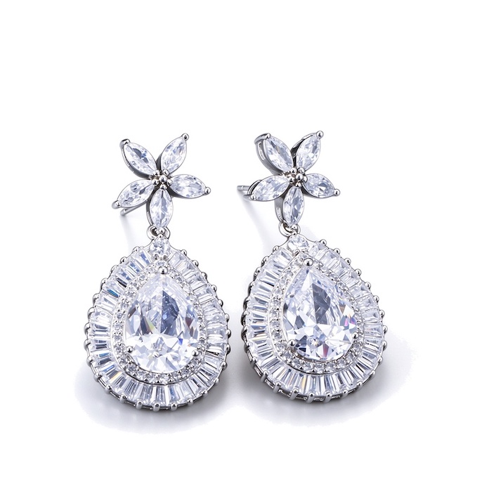 Factory Jewelry 37mm Brass CZ Flower Teardrop Stud Earrings