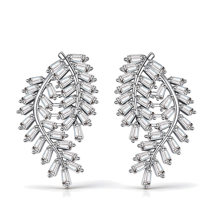 Factory Jewelry Hollow Brass White CZ Leaf Stud Earrings
