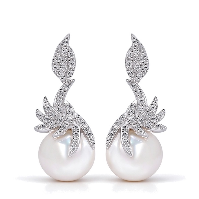 Factory Jewelry Brass White CZ Pearl Leaf Stud Earrings