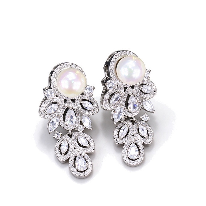 Factory Jewelry Brass Teardrop CZ Pearl Leaf Stud Earrings