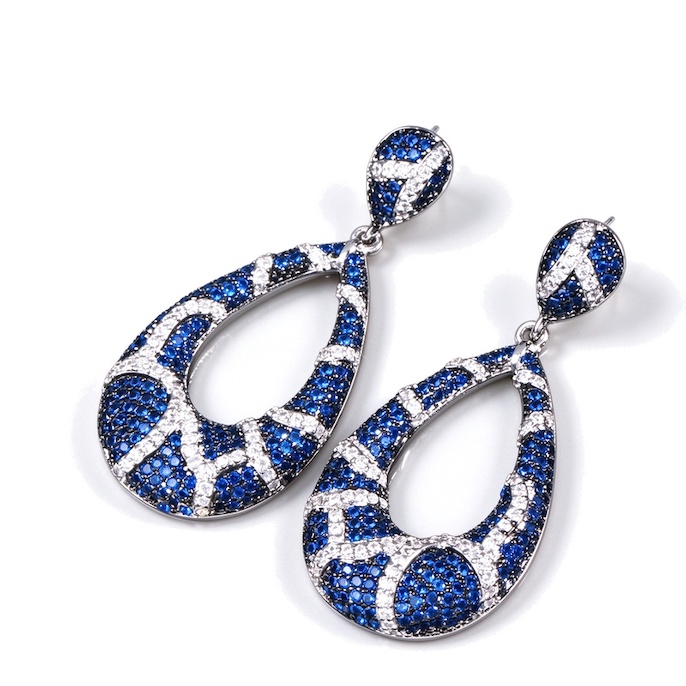 Factory Jewelry Brass Blue Hollow CZ Teardrop Stud Earrings