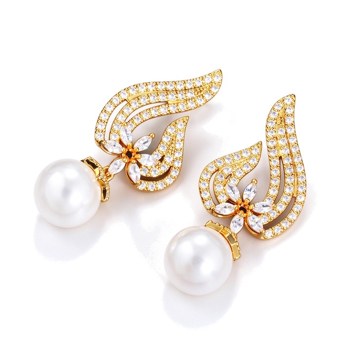 Factory Jewelry Brass Pearl CZ Leaf Flower Stud Earrings
