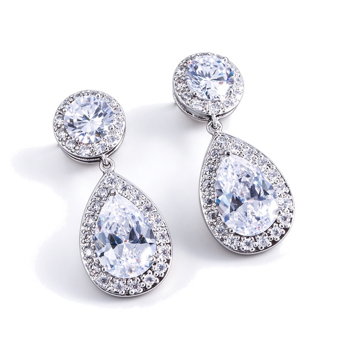 Factory Jewelry 35x14mm Brass CZ Teardrop Stud Earrings