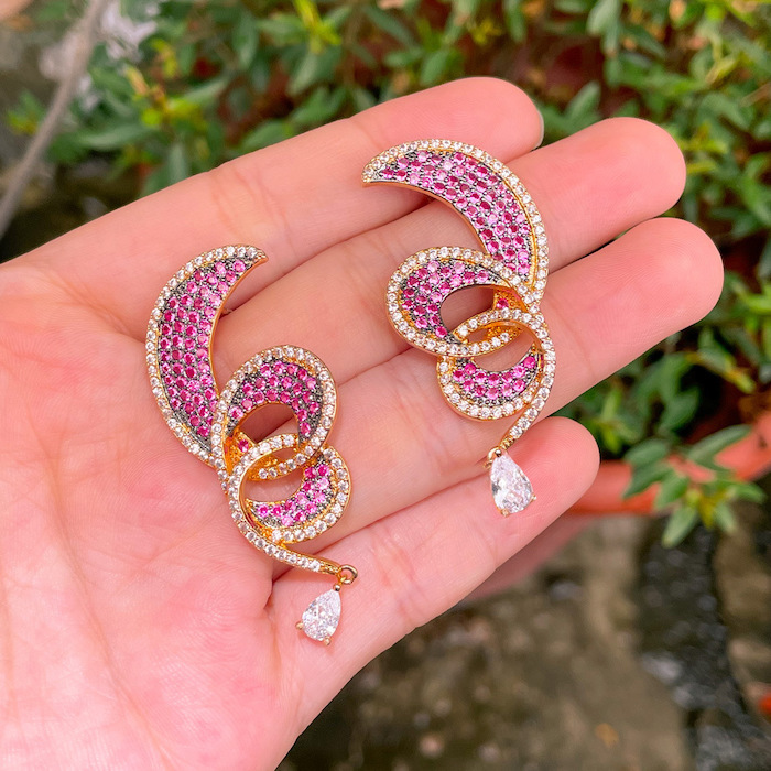 Factory Jewelry Brass Rose CZ Leaf Moon Stud Earrings - Image 3