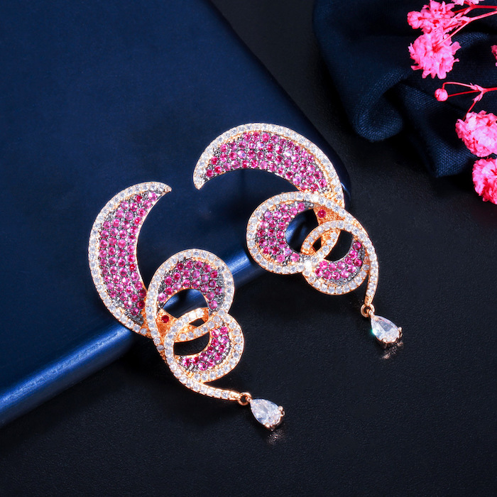 Factory Jewelry Brass Rose CZ Leaf Moon Stud Earrings - Image 2