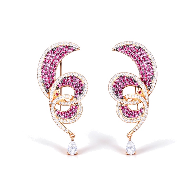 Factory Jewelry Brass Rose CZ Leaf Moon Stud Earrings