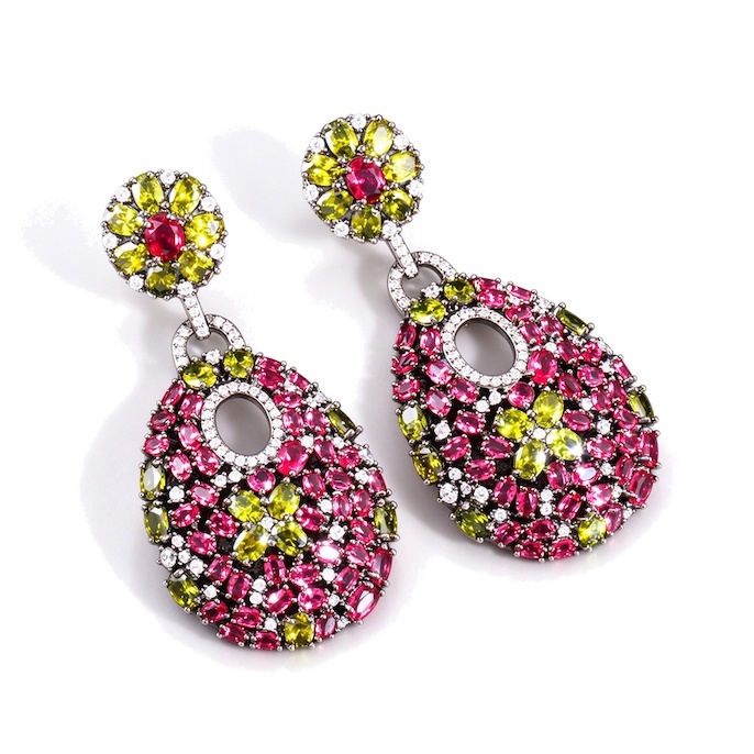 Factory Jewelry Brass Green Red CZ Flower Stud Earrings
