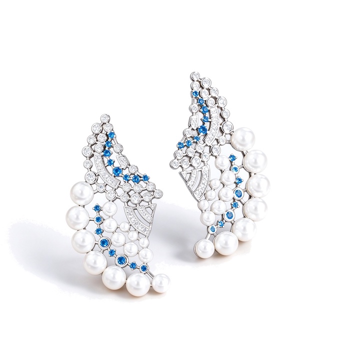 Factory Jewelry Brass Blue CZ Pearl Fan Stud Earrings