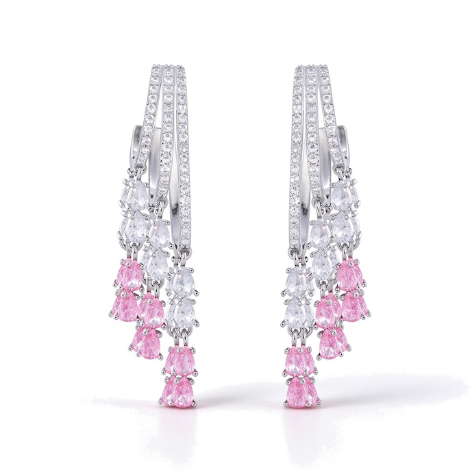 Factory Jewelry Brass White Pink Teardrop CZ Tassels Stud Earrings