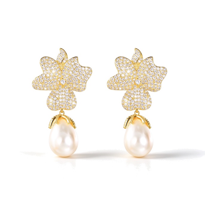 Factory Jewelry Brass 48mm Pearl CZ Flower Stud Earrings