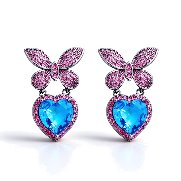 Factory Jewelry Brass Blue CZ Heart Butterfly Stud Earrings