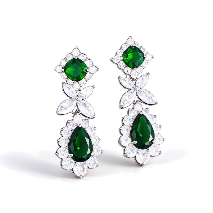 Wholesales Jewelry Brass Green CZ Teardrop Flower Stud Earrings