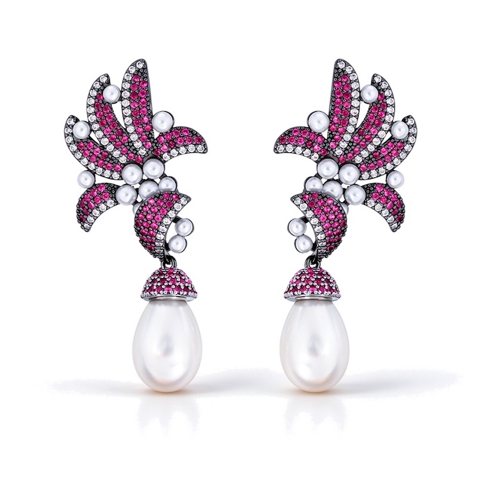 Wholesales Jewelry Brass Purple CZ Pearls Leaf Stud Earrings
