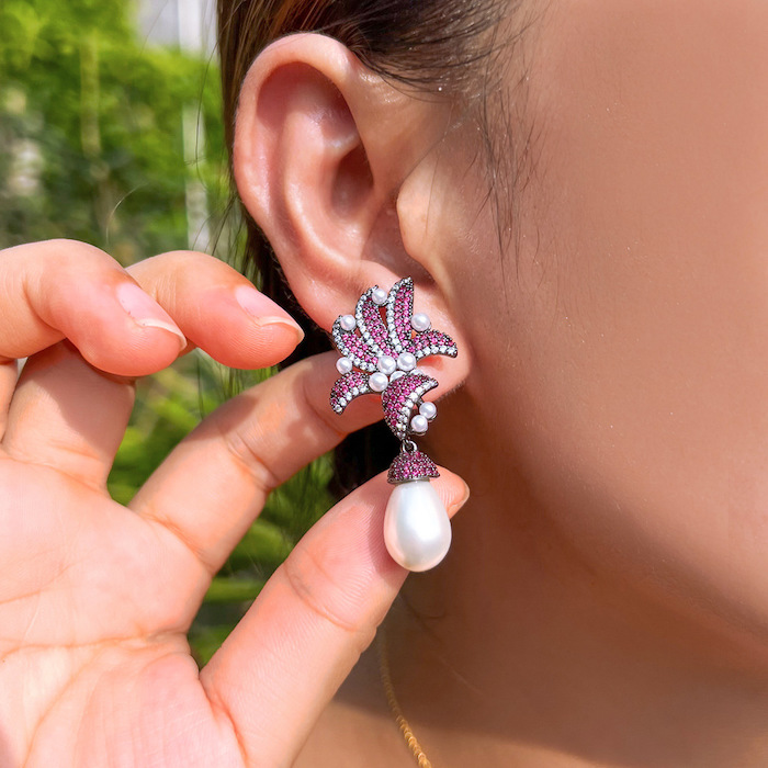 Wholesales Jewelry Brass Purple CZ Pearls Leaf Stud Earrings - Image 3