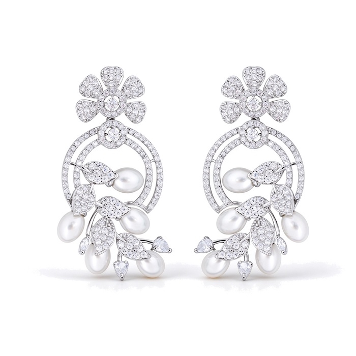 Wholesales Jewelry Brass CZ Pearls Leaf Flower Stud Earrings