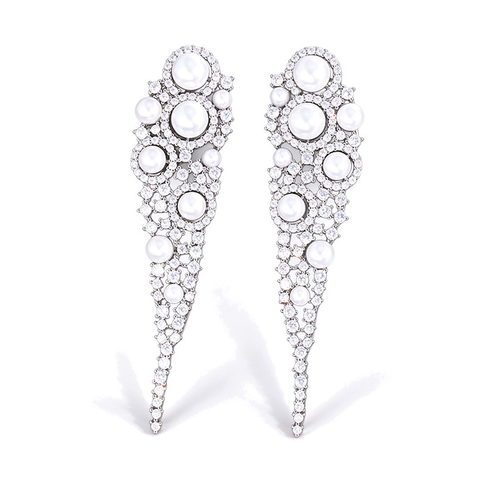 Wholesales Brass 82mm Long White Pearls CZ Leaf Stud Earrings