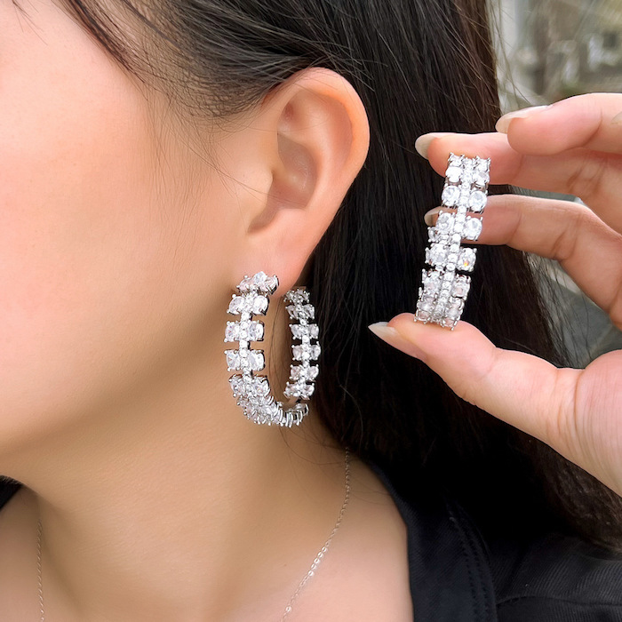Wholesales Brass 42mm White Square CZ Cuff Stud Earrings - Image 3