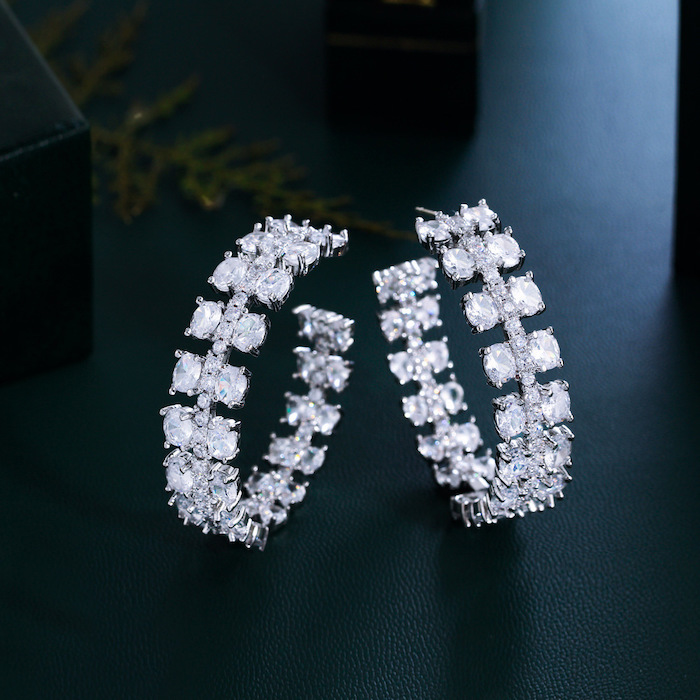 Wholesales Brass 42mm White Square CZ Cuff Stud Earrings - Image 2