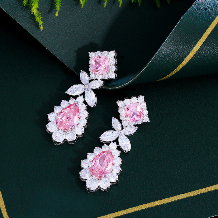 Wholesales Brass Teardrop Pink CZ Flower Stud Earrings - Image 2