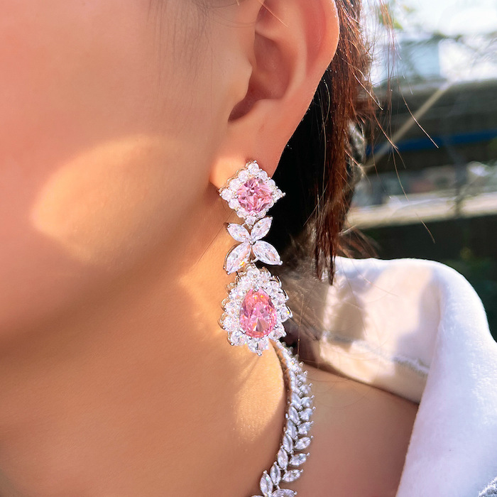 Wholesales Brass Teardrop Pink CZ Flower Stud Earrings - Image 4
